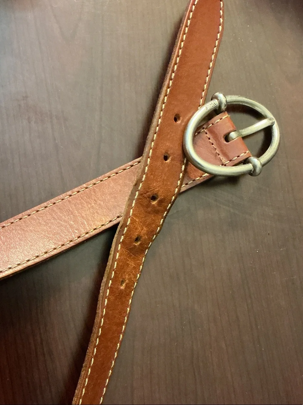 Fossil Tan/Brown Leather Belt with Round Silver Buckle